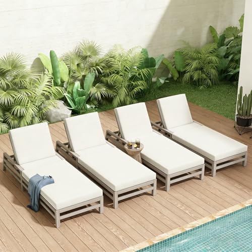 Merax Patio Chaise Lounge Chair Set of 4, Adjustable Lounge Chair Outdoor with 5 Positions, Acacia Wood Patio Lounge Chair with Thick Cushions for Pool Deck Balcony Garden, All-Weather, Grey