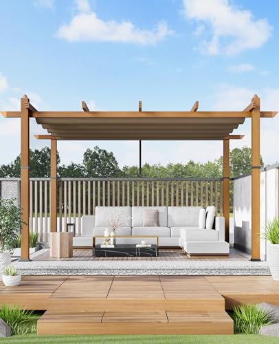 FinerFurnis Retractable Adjustable Canopy Aluminum Pergola – Imitation Wood Grain Column, Khaki, Metal Patio Gazebo, 10x13FT