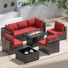 HTERWQEA 8 Piece Outdoor Patio Furniture Set, PE Wicker Sectional Conversation Sofa with Light Cushions, Glass Coffee Table and Gas Fire Pit, Backyard, Porch, Garden, Poolside, Balcony