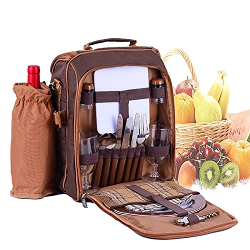 Picnic Bag Kit- Camping Shoulder Bag Set for 2 People with Cooler Compartment Detachable Bottle Holder Plates and Flatware Cutlery for Family Brown