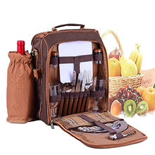 Picnic Bag Kit- Camping Shoulder Bag Set for 2 People with Cooler Compartment Detachable Bottle Holder Plates and Flatware Cutlery for Family Brown