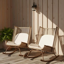 Christopher Knight Home Armont Outdoor Rocking Chair Set of 2, High Back PE Rattan Wicker Rocker with Metal Frame, Rocking Chair with Cushion, Rocker with Ergonomic Design for Patio or Lounge, Brown