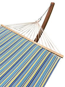 Petra Leisure, 14 Ft. Water Treated Wooden Arc Hammock Stand + Premium Quilted, Double Padded Hammock Bed. 2 Person Bed.450 LB Capacity(Teak Stain/Teal & Yellow Stripe)