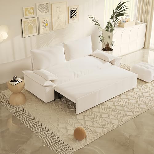 KEIKI 3-in-1 Convertible Sleeper Sofa Velvet Loveseat Bed Queen with Pillows Beige