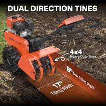 NOVUS Dual Direction Rear Tine Tiller, 212CC 4 Cycle Gas Engine, Independent Control Panel, Counter-Rotating Tines, Instant Reverse Power Tiller, 17 Inch Gas Tiller for Home Gardens and Farms