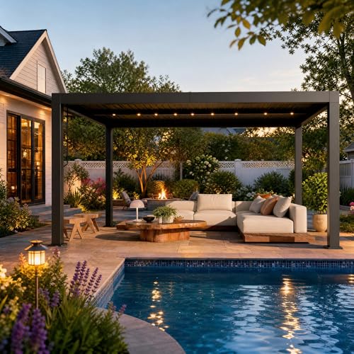 12x16FT Louvered Pergola, Modern Style Outdoor Pergola with Adjustable Louvered Roof, Reinforced Aluminum Frame, Integrated Drainage System, Hardtop Gazebo for Patio, Deck, Gray