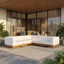 Outdoor Escape White Fabric Outdoor Patio Modular Sectional with Acacia Wood Finish, Contemporary Style, Comfortable Arm Height, Durable Construction