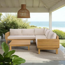 SAFAVIEH Outdoor Patio Furniture Collection - Napoli Oak Brown & Cream Solid Wood 4-Piece Sectional Sofa Set with Coffee Table, Durable Cushions, Modern Outdoor Seating (PAT6806B)