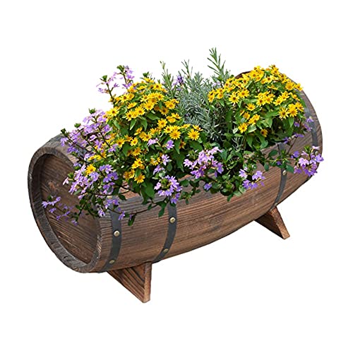 XJJUN Barrel Planter, Beer Barrel Flower Boxes Outdoor Vegetable Pot Flower Trough Balcony Flower Stand, for Patio Garden (Color : Brown, Size : 60x35x34cm)