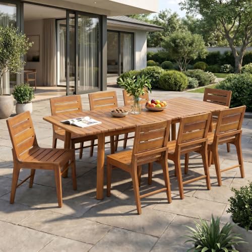 Christopher Knight Home Josie 9 Piece Acacia Wood Outdoor Dining Table Set for 8, Extendable Dining Table and 8 Armless Chairs Set with Slatted Design, Outdoor Patio Furniture Set for Dinner, Teak