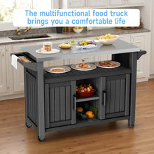 ZHAYAO Resin Outdoor Grill Cart, Weatherproof Outdoor Kitchen Island with Stainless Steel Top & Storage Cabinet, Black BBQ Food Prep Table