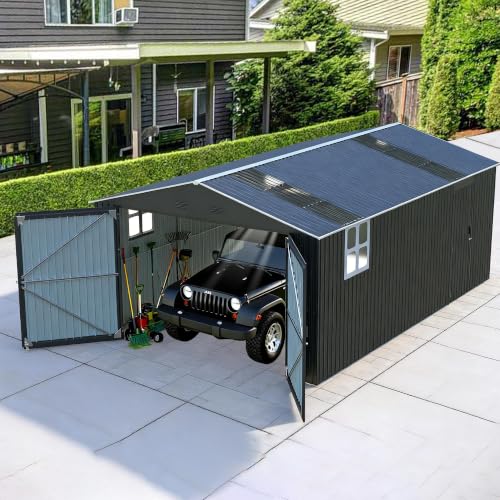 13x20 FT Large Metal Garage Shed with Double Doors, Dark Grey