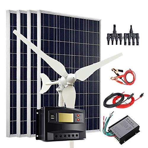 500W Solar Panel Wind Turbine Kit: 100W 12V Wind Turbine Generator + 4pcs 100W Solar Panel Poly + Wind Controller + Solar Charge Regulator + Extension Cables