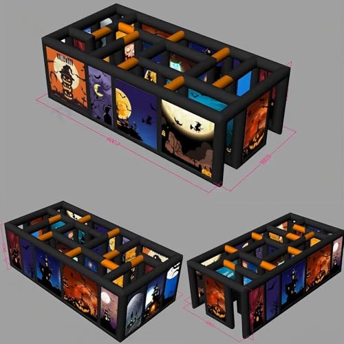 AIRMAT FACTORY Inflatable Maze Halloween Haunted House, Outdoor Inflatable Labyrinth Maze Game, Spooky Theme with Pumpkins/Bats/Ghosts, Includes Blower/Repair Kits, 20x13x6.6ft