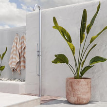 Wave Freestanding Brushed Stainless Steel Outdoor Shower Kit with Hot Water - Floor-Mounted Outside Shower Kit with Rain Shower Head, Wand Handshower, Foot Rinse Spout | Pool Showers for Outside