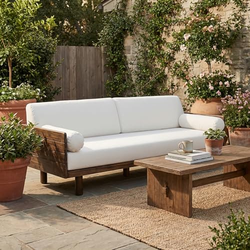 Christopher Knight Home Outdoor Acacia Wood Patio Sofa, 3 Seat Outdoor Couch with Cushions and Removable Bolster Pillows, Modern Wooden Frame Patio Furniture for Backyard Garden Poolside, Aged Teak