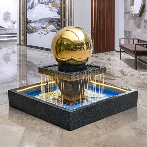Outdoor Water Fountain with Stainless Steel Sphere – 140cm x 140cm Modern Square Water Fountain Water Feature with Pool, Garden Decor,Outdoor Waterfall(81089B Gold)