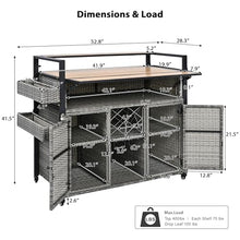 Merax 52.8" W Wicker Outdoor Grill Cart with Extended Plastic Wood Table Top, Rolling Kitchen Island on Wheels with Storage Cabinet, for Patio Backyard Garden Poolside, Double Handle Design, Grey