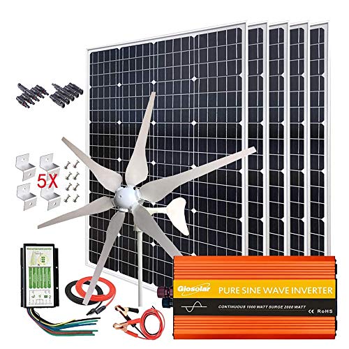 1000W Solar & Wind Power Kits Home Off-Grid System for Charging 12V Battery：400W Wind Turbine Generator + 600W Mono Solar Panel + Hybrid Charge Controller+ 1000W 12V Inverter+Accessory
