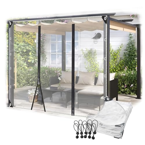 WQPMRMG Outdoor Waterproof Clear Tarp Curtains with Zip Door - Transparent PVC Side Panels for Gazebo & Pergola, 5x2.8m, Heavy-Duty Plastic Tarpaulin for Patio Protection