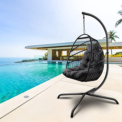 Hanging Swing Egg Chair with Stand, Indoor Outdoor Wicker Rattan Patio Basket Hanging Chair, Metal Frame Hammock Chair Cushion and Pillow, Patio Wicker Folding Hanging Chair, 350LBS Capacity