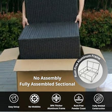 Fully Assembled Ohana 11 Piece Outdoor Aluminum Wicker Patio Furniture with 6-inch Sunbrella Navy All-Weather Rainshield Cushions, Oversized Seats and 42-inch Fire Table