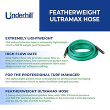 Underhill Featherweight UltraMax Heavy-Duty Garden Hose for Turf Managers, Lightweight, 1200 PSI BP, 300 PSI WP, H75-125FW 3/4 Inch x 125 ft Green