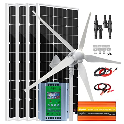 1400W Wind Solar Power Kit with 2000W Power Inverter for Boat Off Grid System：1000W 24V Wind Turbine Generator + 4pcs 100W Mono Solar Panel + Hybrid MPPT Charge Controller + Accessory