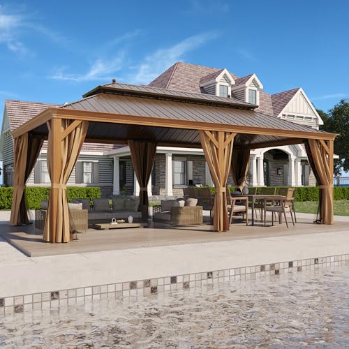 12' X 22' Hardtop Gazebo, Wood Grain Galvanized Steel Roof Outdoor Pavilion