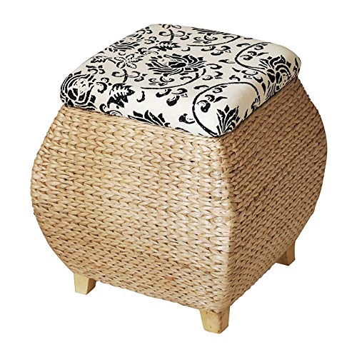 GAAHRQQQ Outdoor Garden Storage Seat Stool with Cushion Storage Chest Footstool Natural Rattan with Storage Removable Lid Pouffe Stool Woven Seagrass