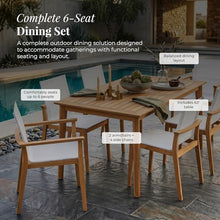POVL Outdoor Menlo 7-Piece Teak Hardwood Patio Dining Set for 6 — 63" x 35.5” Compact Rectangular Grade A Teak Table, 2 Stacking Armchairs & 4 Stacking Side Chairs - for Small Patios & Decks (White)