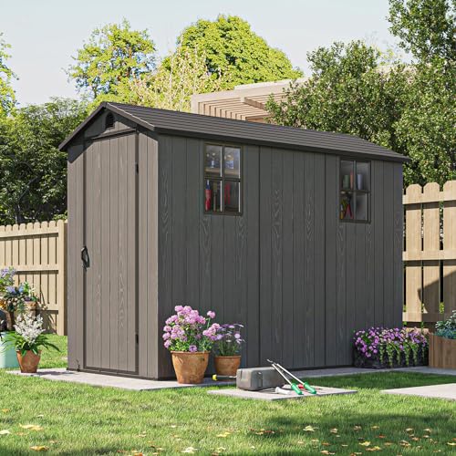 Patiowell 4x8 FT Plastic Outdoor Storage Shed with Floor, Garden Tool Shed with Two Windows and Single Lockable Door for Garden, Backyard, Lawn, Easy to Install, Dark Gray