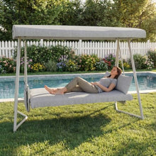 3 in 1 Patio Swing Bed w/Adjustable Canopy for Garden, Outdoor Hanging Swing Bench w/4" Thick Cushion & Metal Frame for Deck, Convertible Porch Swing Sofa w/Stand for Balcony
