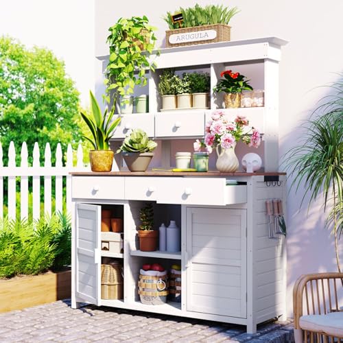 65.7'' H Tall Garden Potting Bench Table with Hutch, Patio Storage Workstation with 3 Shelves,6 Drawers,2 Bottom Cabinets & Side Hooks for Mudroom, Doorway (White)