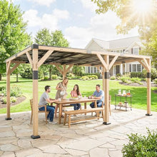 10' x 20' Wooden Gazebo, Hardtop Lean to Pergola with Galvanized Steel Sloped Roof, Heavy Duty Wood Carport Grill Gazebo for Patio, Backyard, Garden, Light Walnut