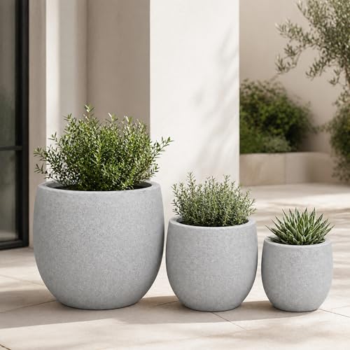 Set of 3 Round Polystone Indoor/Outdoor Planters, Gray