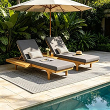 Merax 2-Person Outdoor Chaise Lounge Set with 3-Fold 4" Cushions, Acacia Wood Patio 5-Position Adjustable Reclining Sun Lounger, Convertible Double & Single Pool Lounge Chairs, Teak + Dark Grey