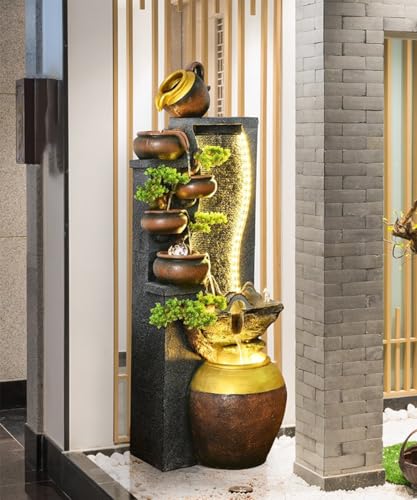Rustic Pot Cascade Water Fountain with LED Lights – Indoor/Outdoor Decorative Waterfall Feature for Home and Garden(A Medium)
