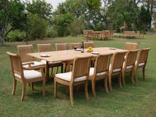 WholesaleTeak New 13 Pc Luxurious Grade-A Teak Dining Set - 117" Double Extension Rectangle Table 12 Giva Chairs (10 Armless and 2 Arm/Captain) #WHDSGV13