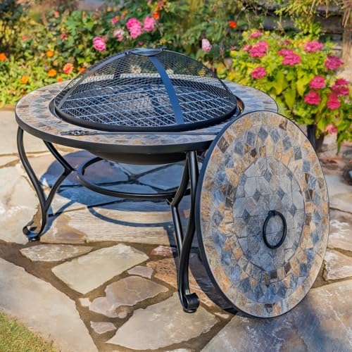 Heavy Duty 32.6" D. Mosaic Tile Fire Pit with Metal Frame, Mosaic Cover, Stainless Steel Grill, and Mesh Lid (St. Augustine, Large 32.6 Inch Diameter)
