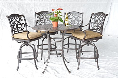 Mandalay Outdoor Patio 5pc Bar Set 42" Dark Bronze Cast Aluminum (Premium Fabric Linen Sesame Cushions)