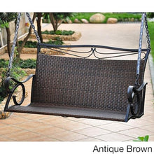 Pemberly Row Patio Loveseat Swing, Antique Brown Finish, Matte Wrought Iron Frame, Premium Wicker Resin Design, Weatherproof UV Protection, 43" W x 25.5" H Outdoor Seating with Chain Included