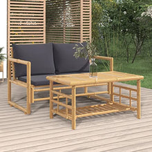 XHNIFBN 2 Piece Bamboo Patio Lounge Set with Dark Gray Cushions, Rustic Outdoor Furniture Set Includes 45.3 Inch Garden Bench and Coffee Table for Backyard, Porch, and Balcony Seating
