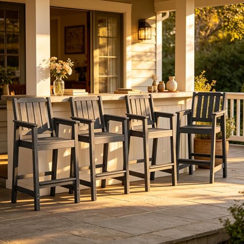 Takywep Set of 4 HDPE Wood Grain Outdoor Bar Stools, 27.7" High Counter Height Chairs with Armrests and Back, Weatherproof Pub Seating for Patio, Balcony, Garden, Deck, Backyard, Dark Grey