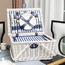 ZYBB Picnic Basket Wicker with Cutlery Insulation Bag Foldable Handles for 4 People 42x32x22cm(Color:White+Stripes)