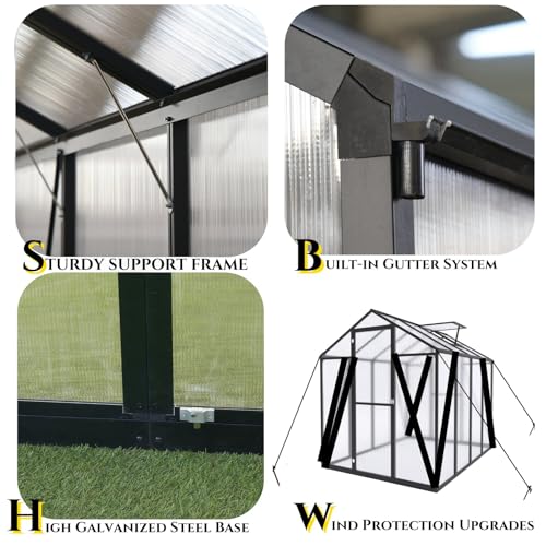 Vigo Huseeo 7.8FT High Polycarbonate Greenhouse with Roof Vent and Wind Protection Black