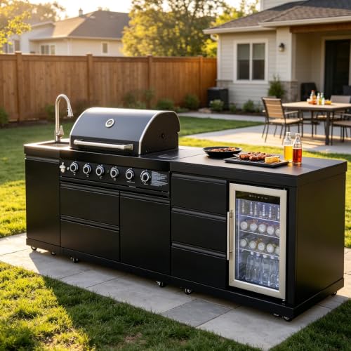 Modular Stainless Steel Outdoor Kitchen Island,All-in-One BBQ Grill Station with Sink,Storage Drawers, Side Prep Counter (101 IN Black Side Burn Sink Fridge, 101", Propane Gas Grill)
