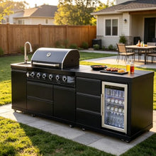 Modular Stainless Steel Outdoor Kitchen Island,All-in-One BBQ Grill Station with Sink,Storage Drawers, Side Prep Counter (101 IN Black Side Burn Sink Fridge, 101", Propane Gas Grill)