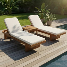 Homyee Acacia Wood Loungers with Slatted Side Table and Removable Cushions for Backyard, Poolside, Outdoor Lounge Chairs with Rustic Charm and PE Rattan Weaving for Lawn (2 Lounge Chair & Table)