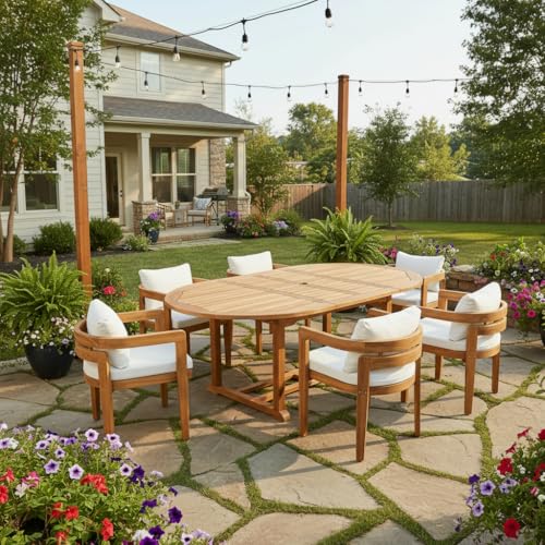 Christopher Knight Home Shika Acacia Wood Outdoor Dining Chair Set of 6 with Cushion, Solid Wood Patio Barrel Chair for Dining Table, Patio Dining Chair Set, Teak+Beige
